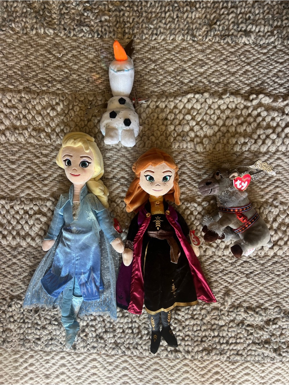 Ty Disney Frozen Plush Set - Blue Elsa, Orange/Red Anna, White Olaf, Brown Sven